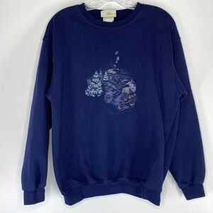 Vintage Northern Reflections Navy Blue Snowy Winter Cabin Crewneck Sweatshirt M